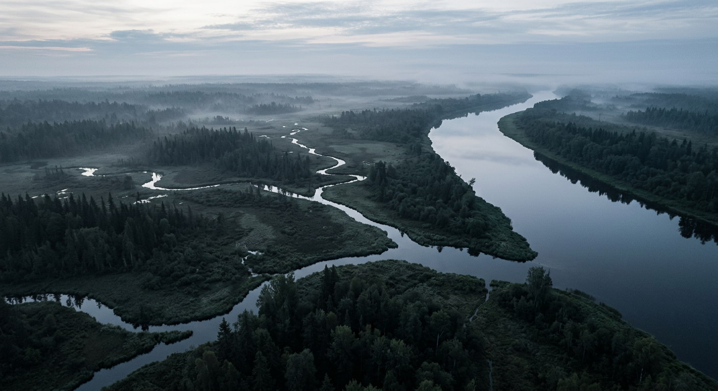 Several small streams converging into one calm river at dawn