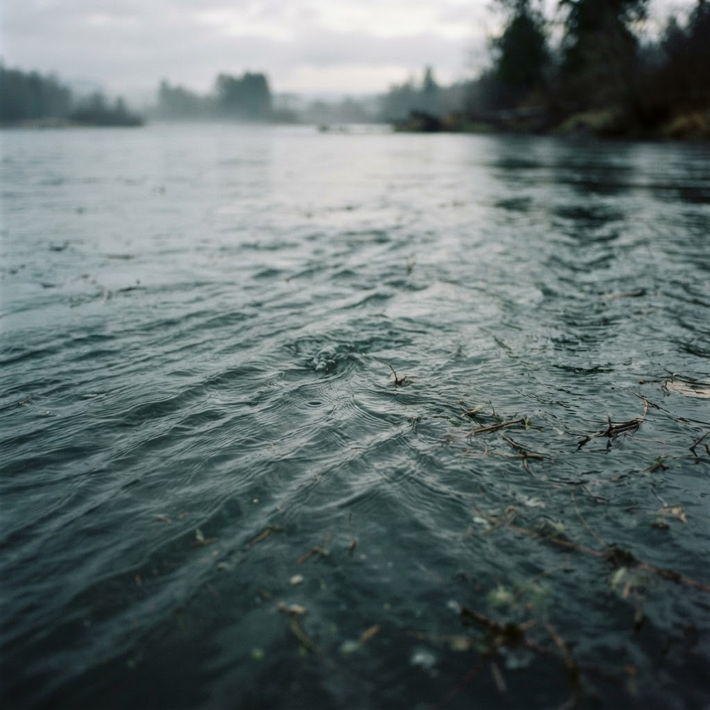 Parallel current streaks running across a slow river at dawn